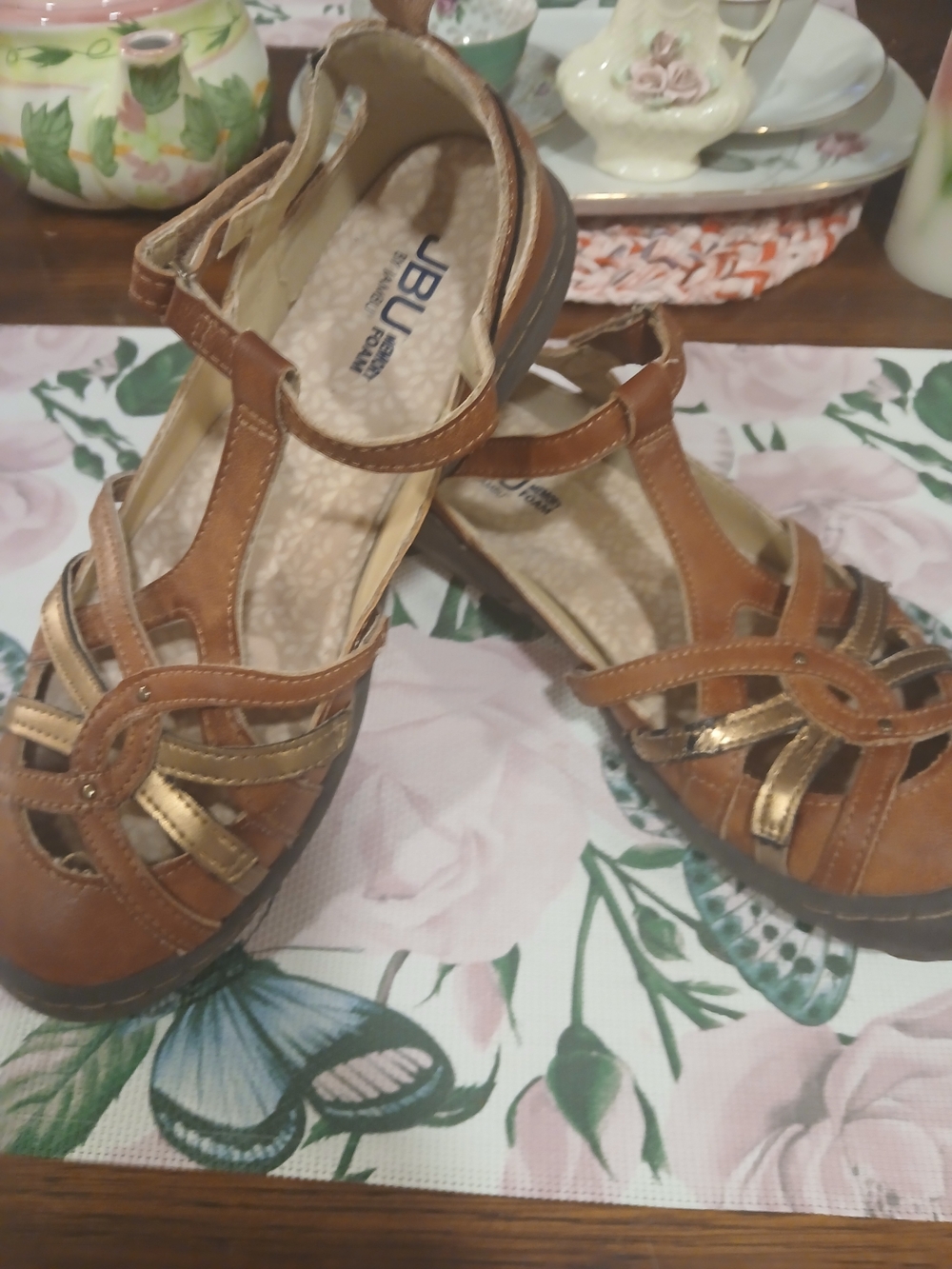 JBU Women's Brown & Gold T-Strap Comfort Sandals